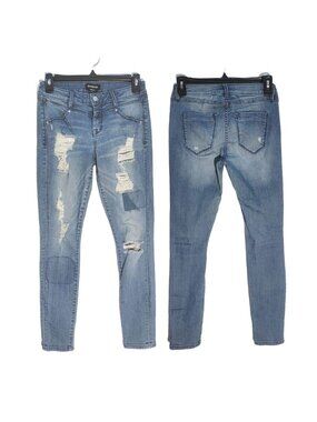 ⭐BEBE  Size 26 Women Mid Rise Skinny Jeans Patched Ripped in Front Blue Cotton